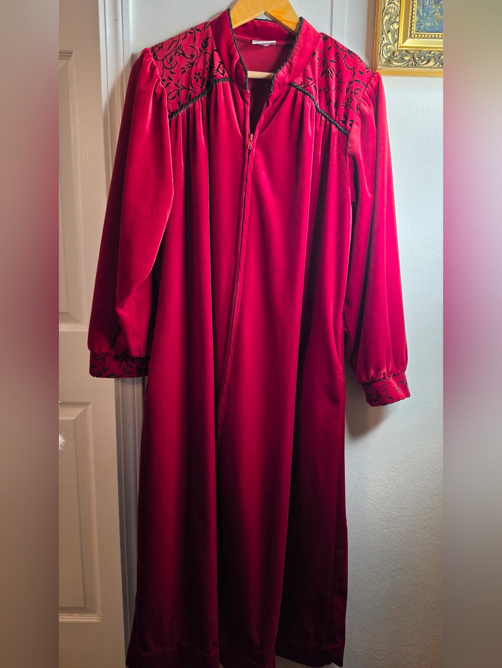 delicates Red Velvet Long Trench Coat with Embroidered Yoke Medium Sz